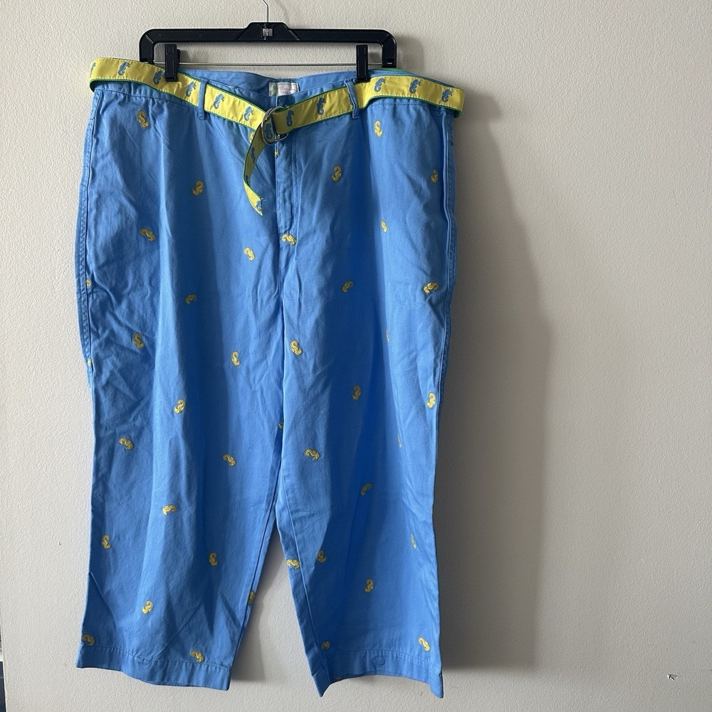 Embroidered Seahorse  Capri Pants Bamboo Traders Pants Blue Yellow Belt Size 20